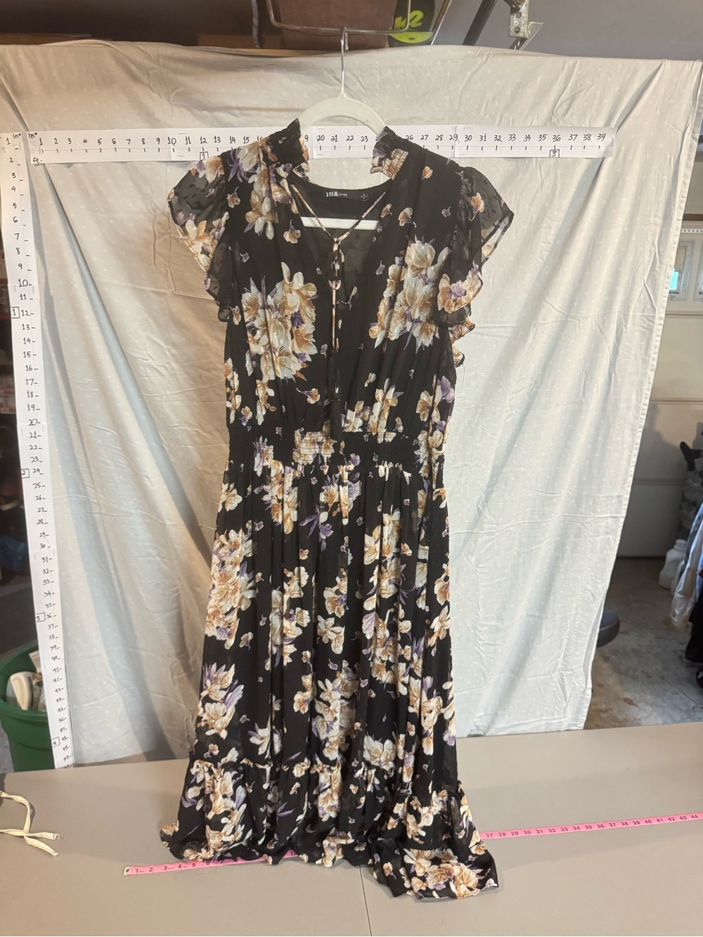 Ina Black Maxi Dress with Cream & Purple Floral Print